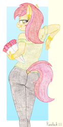 Size: 950x1920 | Tagged: safe, artist:roseluck, derpibooru import, roseluck, anthro, earth pony, plantigrade anthro, abstract background, ass, bouquet, bracelet, butt, clothes, colored pencil drawing, dock, ear piercing, earring, female, flower, holding, jewelry, leaning, lidded eyes, looking at you, looking back, looking back at you, mare, pants, piercing, rear view, rose, rosebutt, shirt, smiling, smiling at you, solo, standing, tail, tail hole, traditional art