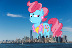 Size: 4500x3000 | Tagged: safe, artist:jeatz-axl, artist:thegiantponyfan, derpibooru import, cup cake, earth pony, pony, female, giant pony, giant/macro earth pony, giantess, grin, high res, highrise ponies, irl, macro, manhattan, mare, mega giant, new york, new york city, photo, ponies in real life, smiling, story included