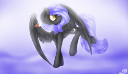 Size: 985x577 | Tagged: safe, artist:prettyshinegp, derpibooru import, oc, oc only, oc:cloudy night, pegasus, pony, female, flying, looking back, mare, pegasus oc, signature, solo, wings