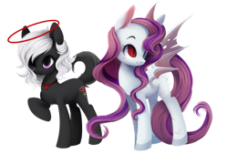 Size: 1280x863 | Tagged: safe, artist:dammmnation, derpibooru import, oc, oc only, bat pony, earth pony, pony, bat pony oc, bat wings, duo, earth pony oc, female, hair over one eye, halo, mare, simple background, smiling, transparent background, wings