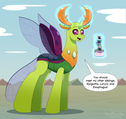 Size: 3800x3600 | Tagged: safe, artist:aarondrawsarts, derpibooru import, pharynx, thorax, oc, changedling, changeling, changeling oc, commission, commissioner:reversalmushroom, dialogue, king thorax, magic, male, siblings, wallet