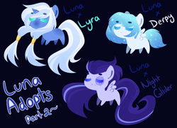 Size: 1800x1300 | Tagged: safe, artist:purplegrim40, derpibooru import, oc, oc only, pegasus, pony, unicorn, base used, horn, magical lesbian spawn, offspring, parent:derpy hooves, parent:lyra heartstrings, parent:night glider, parent:princess luna, pegasus oc, smiling, unicorn oc, wings