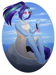 Size: 2335x3082 | Tagged: safe, artist:purplegrim40, derpibooru import, oc, oc only, anthro, siren, unguligrade anthro, bare shoulders, clothes, female, jewelry, necklace, outdoors, simple background, siren oc, sitting, sleeveless, transparent background