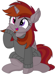 Size: 1745x2330 | Tagged: safe, artist:cyanlightning, derpibooru exclusive, derpibooru import, editor:fauli1221, oc, oc only, oc:funny jo, alicorn, pony, .svg available, absurd resolution, alicorn oc, clothes, cute, ear fluff, ears, female, female oc, folded wings, heterochromia, hoof on cheek, horn, looking up, mare, open mouth, open smile, recolor, simple background, sitting, smiling, solo, spread legs, spreading, svg, sweater, tail, transparent background, vector, wings