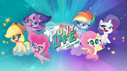 Size: 3840x2160 | Tagged: safe, derpibooru import, applejack, fluttershy, pinkie pie, rainbow dash, rarity, twilight sparkle, twilight sparkle (alicorn), alicorn, pegasus, pony, unicorn, my little pony: pony life, absurd resolution, itunes, mane six, my little pony logo, official