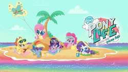 Size: 3840x2160 | Tagged: safe, derpibooru import, applejack, fluttershy, pinkie pie, rainbow dash, rarity, twilight sparkle, twilight sparkle (alicorn), alicorn, pegasus, pony, unicorn, my little pony: pony life, absurd resolution, beach, itunes, mane six, my little pony logo, official, palm tree, tree