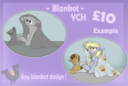 Size: 5845x3930 | Tagged: safe, artist:rokosmith26, derpibooru import, derpy hooves, doctor whooves, pegasus, pony, blanket, blushing, commission, description is relevant, ears, female, floppy ears, food, mare, muffin, plushie, simple background, sitting, smiling, solo, text, watermark, ych example, your character here