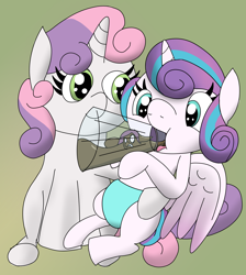 Size: 3360x3744 | Tagged: safe, artist:grassy blade, derpibooru import, princess flurry heart, sweetie belle, oc, oc:violent tendency, alicorn, pony, unicorn, baby, baby pony, bottle feeding, female, filly, filly pred, foal, imminent vore, terrifying, unaware, unaware vore