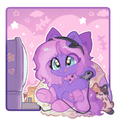Size: 2043x2109 | Tagged: safe, artist:colorfulcolor233, derpibooru import, oc, oc only, oc:lillybit, pony, adorkable, bow, cute, dork, gaming, gaming headset, headphones, headset, microphone, ribbon, smiling, television