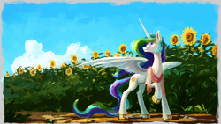 Size: 1920x1080 | Tagged: safe, artist:plainoasis, derpibooru import, princess celestia, alicorn, pony, cloud, flower, solo, sunflower