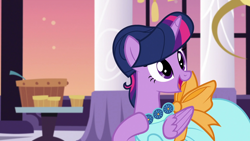 Size: 1920x1080 | Tagged: safe, derpibooru import, screencap, twilight sparkle, twilight sparkle (alicorn), alicorn, pony, make new friends but keep discord, season 5, alternate hairstyle, beautiful, clothes, dress, female, folded wings, food, gala, gala dress, grand galloping gala, hair bun, jewelry, mare, necklace, open mouth, solo, table, wings