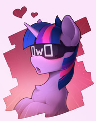 Size: 1600x2020 | Tagged: safe, artist:yakovlev-vad, derpibooru import, twilight sparkle, pony, unicorn, blushing, chest fluff, female, goggles, heart, horn, mare, open mouth, owo, solo, solo female