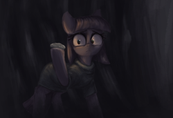 Size: 3000x2050 | Tagged: safe, artist:t72b, derpibooru import, boulder (pet), maud pie, earth pony, pony, clothes, dark, dress, female, hoof hold, looking at something, mare, menacing, worried