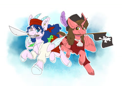 Size: 1280x905 | Tagged: safe, artist:delfinaluther, derpibooru import, idw, oc, alicorn, bird, parrot, pegasus, pony, friends forever, spoiler:comic, blue background, clothes, flag, hat, parrot pirates, pirate, pirate hat, simple background, solo, sword, weapon