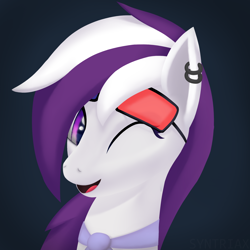 Size: 2480x2480 | Tagged: safe, artist:syntriax, derpibooru import, oc, oc only, oc:dream revival, pony, ear piercing, earring, female, gradient background, high res, jewelry, looking at you, mare, multicolored mane, one eye closed, open mouth, open smile, piercing, raffle prize, smiling, smiling at you, solo, wink, winking at you