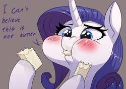 Size: 3508x2480 | Tagged: safe, artist:underpable, derpibooru import, rarity, pony, unicorn, blushing, butter, cheek bulge, dialogue, eating, female, food, i can't believe it's not butter, mare, simple background, tan background, teary eyes