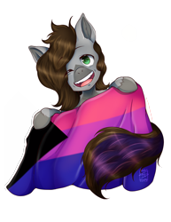 Size: 1700x2200 | Tagged: safe, artist:shaygoyle, derpibooru import, oc, oc only, oc:cj vampire, earth pony, pony, bisexual, bisexual pride flag, demi-bisexual, demisexual pride flag, holding, lgbt, looking at you, looking up, looking up at you, pride, pride flag, smiling, smiling at you