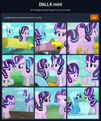 Size: 1152x1384 | Tagged: safe, derpibooru import, machine learning generated, starlight glimmer, trixie, pony, unicorn, artificial intelligence, dall·e mini, duo, duo female, female, mare, not salmon, rocket, self paradox, wat