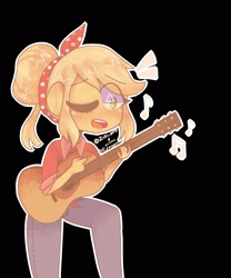 Size: 1554x1865 | Tagged: safe, artist:vnthers, artist:zuki, derpibooru import, applejack, equestria girls, black and white, clothes, country applejack, eye clipping through hair, female, grayscale, guitar, monochrome, music notes, musical instrument, one eye closed, open mouth, outline, simple background, solo