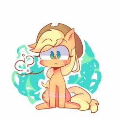 Size: 1600x1600 | Tagged: safe, artist:vnthers, artist:zuki, derpibooru import, applejack, earth pony, pony, applejack's hat, clothes, cowboy hat, eye clipping through hair, female, freckles, hat, mare, question mark, simple background, sitting, solo, white background