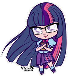 Size: 948x1062 | Tagged: safe, artist:vixi-pc, derpibooru import, twilight sparkle, equestria girls, bishoujo, book, chibi, female, glasses, human coloration, outline, simple background, solo, transparent background, white outline