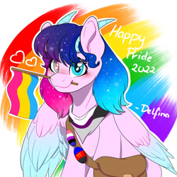 Size: 1280x1280 | Tagged: safe, artist:delfinaluther, derpibooru import, oc, pegasus, pony, bag, demisexual pride flag, female, flag, genderfluid, girly, horns, lgbt, pansexual pride flag, polyamory, pride, pride flag, pride month, rainbow, rainbow background, smiling, solo