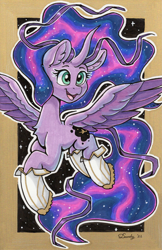 Size: 1743x2684 | Tagged: safe, artist:dandy, derpibooru import, oc, oc only, oc:odyssey, alicorn, pony, alicorn oc, boots, chest fluff, commission, copic, curved horn, ear fluff, ears, ethereal mane, female, flying, happy, horn, mare, missing limb, not twilight sparkle, open mouth, open smile, shoes, signature, smiling, solo, space, traditional art, white outline, wings