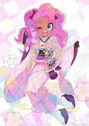 Size: 725x1024 | Tagged: safe, artist:yam, color edit, derpibooru import, edit, editor:diameltzowo, pinkie pie, earth pony, human, pony, equestria girls, bow, clothes, cute, dark skin, detailed background, eyes closed, female, flower, hair bow, humanized, kimono (clothing), looking at you, mare, one eye closed, open mouth, pretty, self paradox, self ponidox, skin color edit, solo, wink