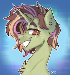 Size: 1629x1742 | Tagged: safe, artist:yumkandie, derpibooru import, oc, oc only, oc:regalis domini, unicorn, bust, freckles, male, piercing, solo, stallion