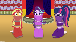 Size: 1199x666 | Tagged: safe, artist:robukun, derpibooru import, sci-twi, starlight glimmer, sunset shimmer, twilight sparkle, equestria girls, arm behind back, belly dancer outfit, bondage, bound and gagged, cloth gag, gag, harem outfit, kneeling, rope, rope bondage, tied up