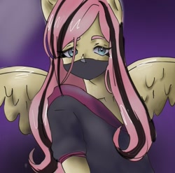 Size: 720x712 | Tagged: safe, artist:axmity, derpibooru import, fluttershy, anthro, pegasus, emoshy, face mask, female, looking at you, mask, solo
