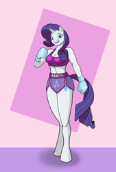 Size: 1836x2712 | Tagged: safe, artist:mgckfight, derpibooru import, rarity, anthro, unguligrade anthro, unicorn, abstract background, boxing, boxing gloves, breasts, clothes, female, mouth guard, raritits, smiling, solo, sports, sports bra, trunks