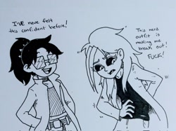 Size: 2048x1530 | Tagged: safe, artist:pony quarantine, derpibooru import, oc, oc only, oc:anon filly, oc:dyx, human, black sclera, clothes, clothes swap, dialogue, female, glasses, humanized, jacket, nerd, simple background, swearing, traditional art, vulgar