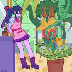 Size: 1280x1281 | Tagged: safe, artist:midnight-deaththekid, derpibooru import, sci-twi, twilight sparkle, equestria girls, equestria girls series, my little shop of horrors, apron, boots, celestia's house, clothes, flower, plant, shoes, watering can