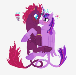 Size: 2684x2640 | Tagged: safe, artist:universal-heart, derpibooru import, tempest shadow, twilight sparkle, twilight sparkle (alicorn), alicorn, classical unicorn, pony, unicorn, blushing, bracelet, broken horn, cloven hooves, cuddling, eye contact, eye scar, female, horn, intertwined tails, jewelry, leonine tail, lesbian, looking at each other, looking at someone, mare, scar, shipping, simple background, smiling, smiling at each other, tempestlight, unshorn fetlocks, white background