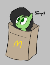 Size: 170x219 | Tagged: safe, artist:truthormare, ponerpics import, oc, oc:anon filly, earth pony, pony, aggie.io, female, filly, foal, lowres, mare, mcdonald's, paper bag, simple background
