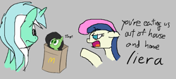 Size: 767x345 | Tagged: safe, ponerpics import, bon bon, lyra heartstrings, sweetie drops, oc, oc:anon filly, earth pony, pony, unicorn, aggie.io, female, filly, foal, frown, mare, mcdonald's, open mouth, paper bag, pointing, simple background, talking, yelling