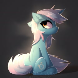 Size: 2672x2676 | Tagged: safe, artist:magnaluna, derpibooru import, lyra heartstrings, pony, unicorn, ear fluff, ears, female, high res, looking back, mare, profile, side view, sitting, solo, tail