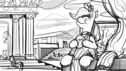 Size: 3840x2161 | Tagged: safe, artist:applephil, derpibooru import, applejack, earth pony, pony, ancient greece, clothes, eating, eyes closed, female, grayscale, mare, monochrome, puffy cheeks, sketch, solo focus, toga