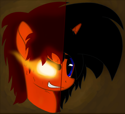 Size: 1406x1274 | Tagged: safe, artist:tr4p3z1um5, derpibooru import, edit, oc, oc only, oc:burning holly, pony, unicorn, base used, bust, evil grin, female, frown, glowing, glowing eyes, grin, smiling, two sides