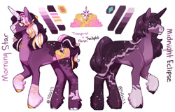 Size: 1280x820 | Tagged: safe, artist:sallyqwest623, derpibooru import, oc, oc only, oc:midnight eclipse, oc:morning star, pony, unicorn, coat markings, duo, female, magical lesbian spawn, mare, offspring, parent:tempest shadow, parent:twilight sparkle, parents:tempestlight, reference sheet, siblings, simple background, sisters, socks (coat marking), unshorn fetlocks, white background