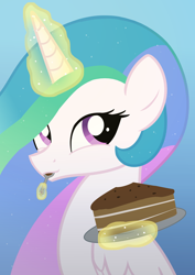 Size: 2100x2970 | Tagged: safe, artist:candy meow, derpibooru import, princess celestia, alicorn, pony, cake, cake slice, cakelestia, female, food, happy, levitation, magic, mare, nom, plate, solo, spoon, telekinesis