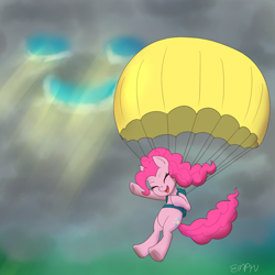 Size: 1000x1000 | Tagged: safe, artist:empyu, derpibooru import, pinkie pie, earth pony, pony, cloud, crepuscular rays, eyes closed, open mouth, parachute, smiley face