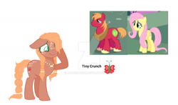 Size: 1600x940 | Tagged: safe, artist:aunickakim, derpibooru import, big macintosh, fluttershy, oc, oc:tiny cruch, earth pony, pegasus, pony, base used, braided tail, deviantart watermark, female, fluttermac, freckles, jewelry, male, mare, necklace, obtrusive watermark, offspring, parent:big macintosh, parent:fluttershy, parents:fluttermac, screencap reference, shipping, simple background, straight, tail, text, watermark, white background