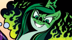 Size: 304x170 | Tagged: safe, artist:andypriceart, derpibooru import, edit, idw, princess cadance, queen chrysalis, alicorn, pony, the return of queen chrysalis, cropped, crown, disguise, disguised changeling, fake cadance, female, fire, jewelry, mare, regalia, smiling, thought bubble