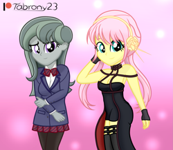 Size: 1413x1231 | Tagged: safe, artist:tabrony23, derpibooru import, fluttershy, marble pie, equestria girls, bare shoulders, beautiful, boots, breasts, clothes, cosplay, costume, crossover, cute, dress, female, high res, komi can't communicate, komi-san, looking at you, patreon, patreon logo, school uniform, shoes, short hair, show accurate, smiling, smiling at you, spy x family, yor forger