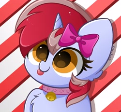 Size: 2800x2600 | Tagged: safe, artist:kittyrosie, derpibooru import, oc, oc only, oc:cinnamon lightning, pony, unicorn, :p, abstract background, bust, chest fluff, collar, cute, female, horn, mare, ocbetes, solo, tongue, tongue out, unicorn oc