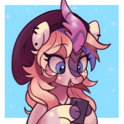 Size: 1600x1600 | Tagged: safe, artist:horseyuris, derpibooru import, oc, oc only, kirin, bust, cellphone, ear piercing, earring, female, hat, hoof hold, jewelry, kirin oc, open mouth, open smile, phone, piercing, smartphone, smiling, solo