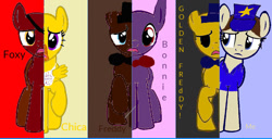 Size: 1024x525 | Tagged: safe, artist:kkrazykkitty, derpibooru import, earth pony, pegasus, pony, 1000 hours in ms paint, base used, bib, bonnie, bowtie, chica, crossover, deviantart muro, eyepatch, female, five nights at freddy's, foxy, freddy fazbear, golden freddy, hat, male, mare, ponified, raised hoof, raised leg, sad, security guard, stallion, stars, top hat, unamused, what my cutie mark is telling me, wings