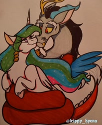 Size: 1080x1318 | Tagged: safe, artist:trippy_hyena, derpibooru import, discord, princess celestia, celestia day, coils, dislestia, female, male, marker drawing, shipping, snake hug, straight, traditional art